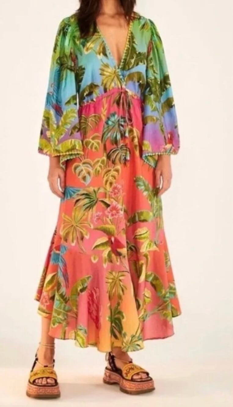 Farm Rio Ombre Forest Ruffle Long Sleeve Maxi Caftan Dress Green Blue Pink Small